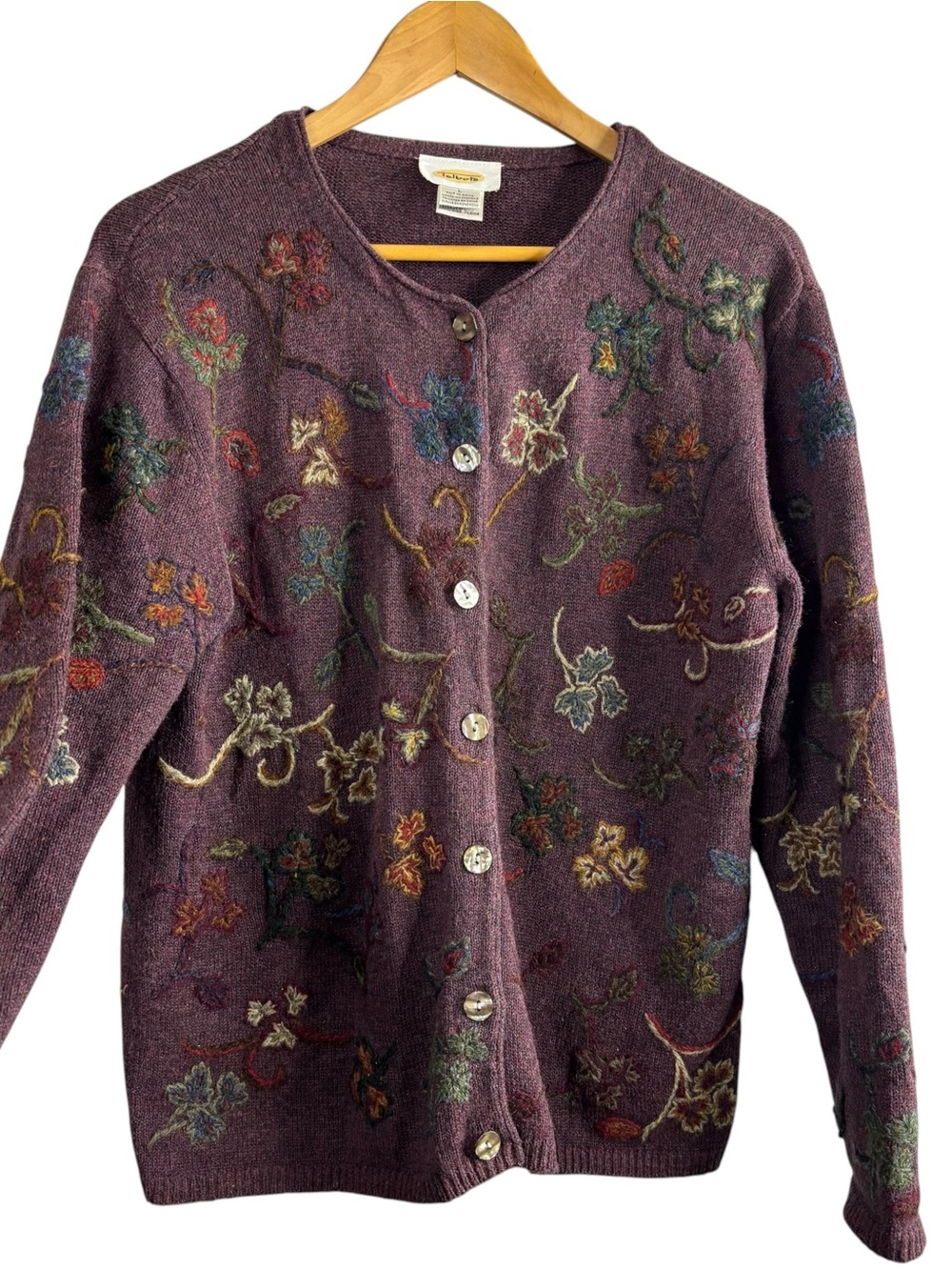 Talbots embroidered floral cardigan sweater cotton blend plum size L